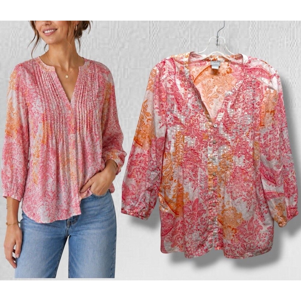 Chico's Linen Coastal Paisley Women’s Size 2 US 12/14 Pleated 3/4 Sleeve Shirt